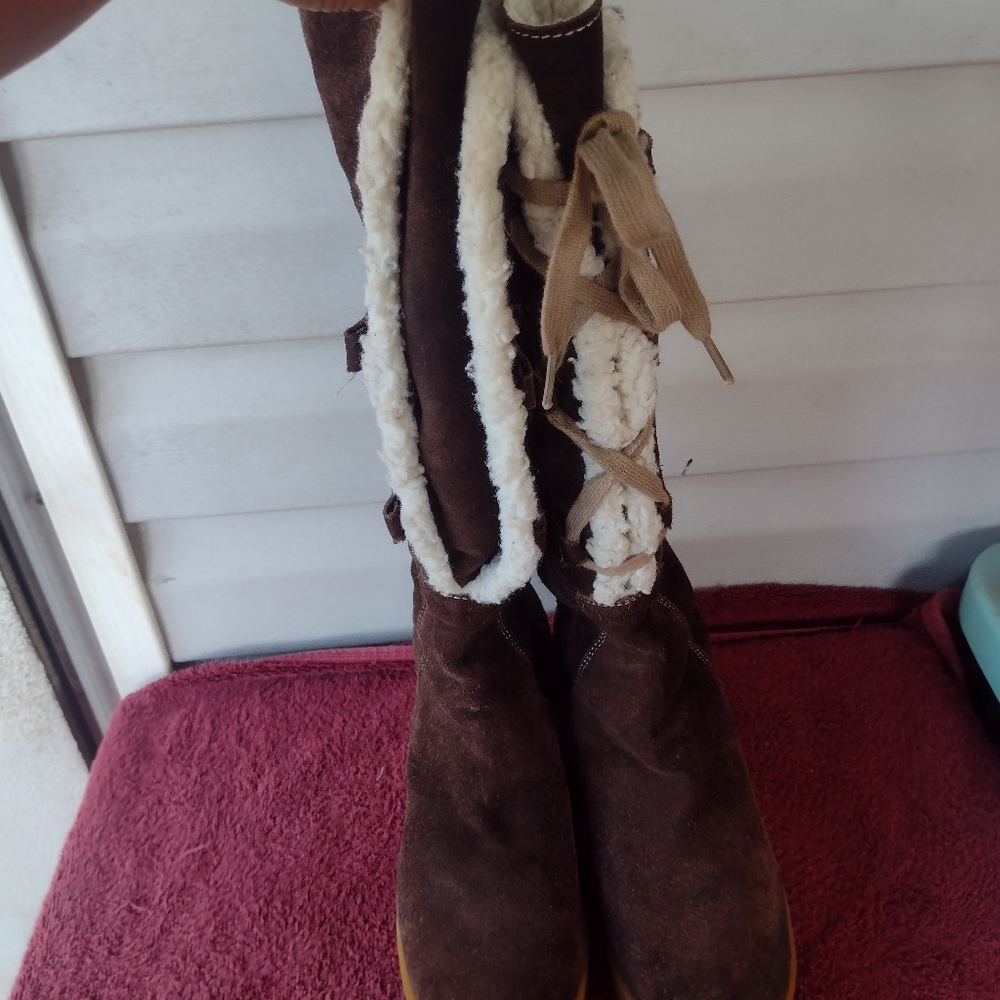 Michael Kors Brown Suede Sheepskin Lace Up Wedge Knee High Boots Size 7.5M - Picture 5 of 10